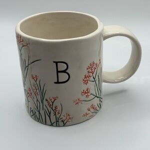 ANTHROPOLOGIE Ceramic Mug Cup White Cream Floral Pattern “B” Boho Monogram 20 Oz